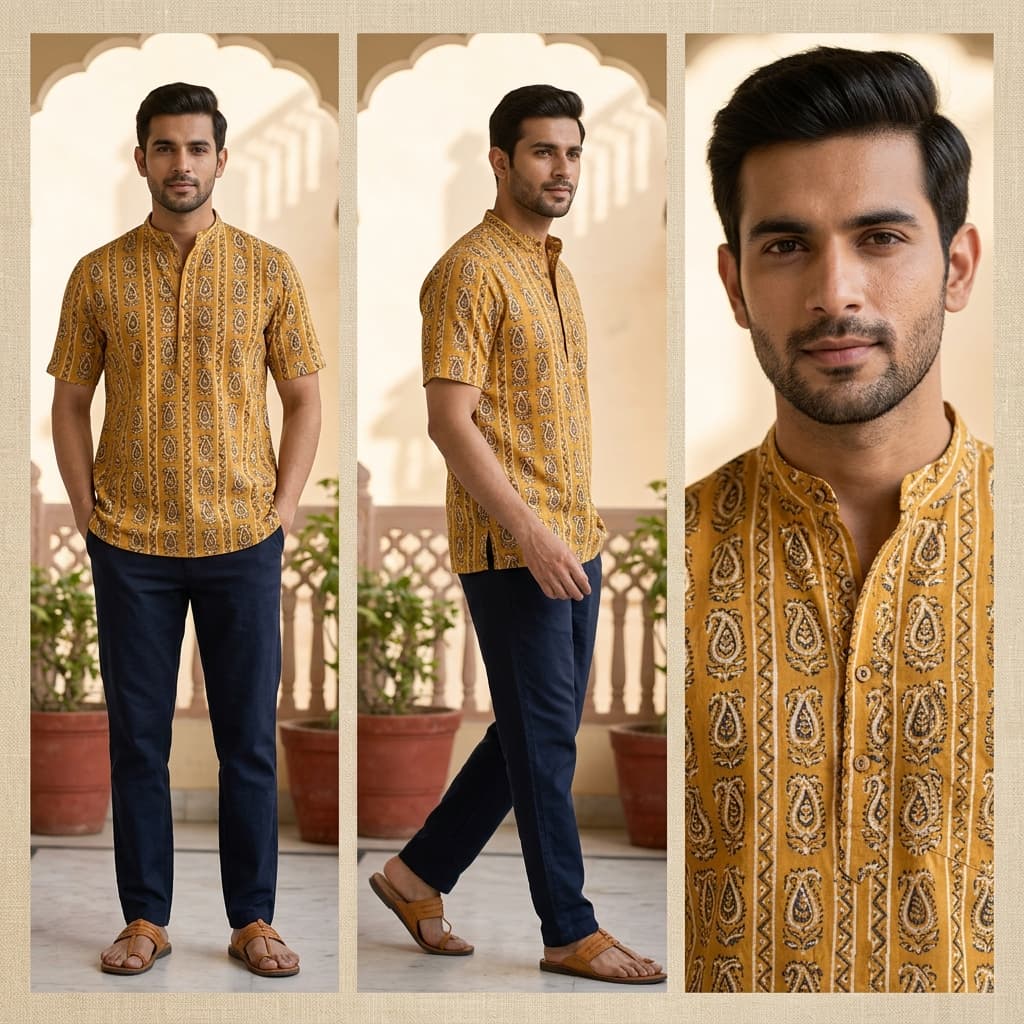 AI On-Model Output: Jaipur Block-Print Shirt